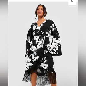 Boohoo Plus Tassel Hem Wrap Dress (black and white)